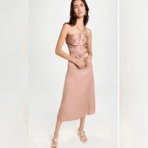 MINKPINK Spencer Midi Dress Satin Finish Crossover HalterNeck in Rose Small NWT​